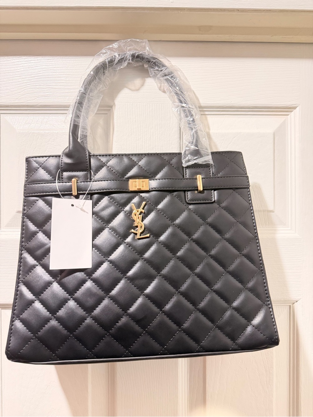Black Quilted Leather Satchel with Gold Hardware